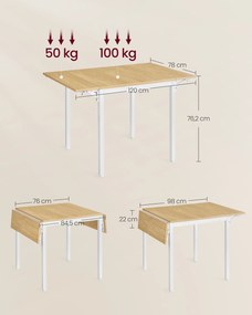 Mesa de jantar dobrável para 2-4 pessoas 78 x 120 x 76,2 cm carvalho natural e branco