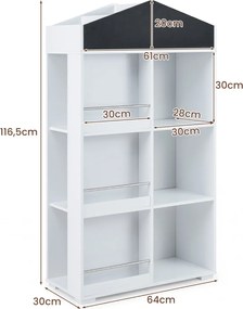 Estante infantil em forma de casa 64 x 30 x 116,5 cm, estante para crianças com compartimentos, quadro de giz e kit anti-tombamento, armário organizad