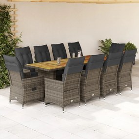 11 pcs conjunto bistrô de jardim c/ almofadões vime PE cinzento