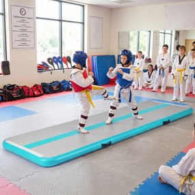 Colchão de ginástica insuflável com bomba elétrica 297 x 98 x 11 cm, saco de transporte e remendo de reparação portátil para fitness e ioga Turquesa