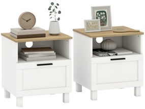 Conjunto de 2 Mesas de Cabeceira Modernas com Gaveta Compartimento Aberto Pés de Madeira 45x38x50 cm Branco
