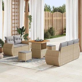 Conjunto de Sofá de Jardim 8 Peças com Almofadas Bege Rattan Poliéster Acácia