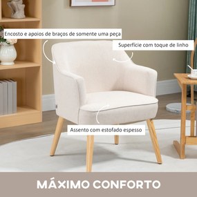 Poltrona Estilo Nórdico Estofada em Linho com Pés de Madeira para Dormitório Escritório Estúdio 64,5x65x79,5 cm Creme