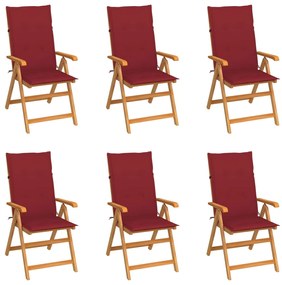 vidaXL Cadeiras de jardim almofadões vermelho tinto 6 pcs teca maciça