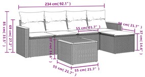 6 pcs conjunto de sofás p/ jardim com almofadões vime PE bege