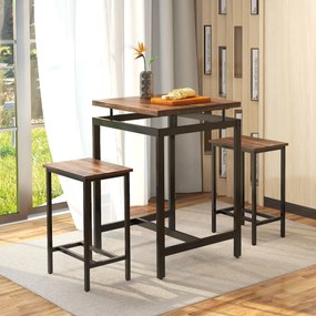 Conjunto de móveis de bar industrial de 3 peças com 2 bancos, mesa flutuante e apoio para os pés para cozinha de espaços pequenos Castanho