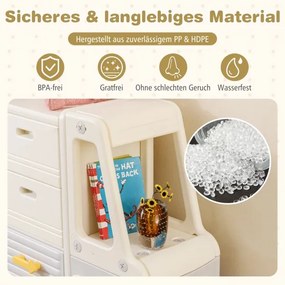 Estante para brinquedos em forma de autocarro para crianças com quadro branco, 4 gavetas e armários, 111 x 34 x 94 cm Bege + Cinza