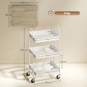 Carrinho de cozinha, com 3 níveis, tabuleiro superior, cestos, pegas, 45 x 32 x 77,5 cm, branco e carvalho