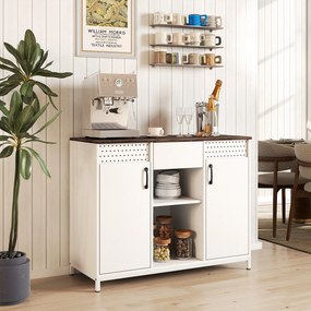 Aparador de 2 Portas com Orifícios 2 Compartimentos e Gaveta Prateleiras Ajustáveis 100x40x80 cm Branco e Castanho Rústico