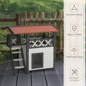 Casa para Gatos de Madeira 77x50x73cm Casa para Gatos com 2 Níveis com Teto Asfáltico Terraço Cercado Caverna e Escada Branco