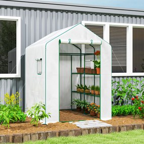 Estufa de jardim 140 x 143 x 190 cm com 1 porta, 2 janelas e prateleiras de 3 níveis para legumes, plantas e flores; cobertura em PE branca