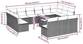 14 pcs conj. sofás jardim com almofadões vime PE cinzento-claro