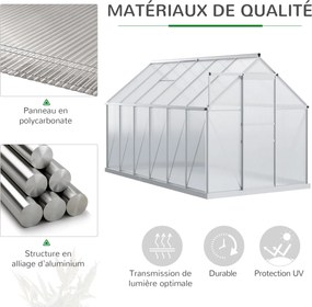 Estufa de jardim em policarbonato com 7,1 m², 1,9 m (L) x 3,75 m (C) x 1,99 m (A), com fundação, claraboia ajustável e porta de correr - Prateada e tr