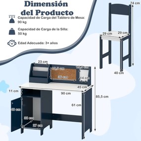 Conjunto de Secretaria e cadeira para crianças com quadro negro, marcador, prateleira e armário de armazenamento Azul