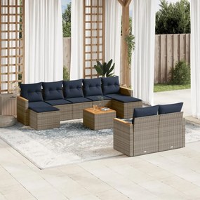 vidaXL 10 pcs conjunto sofás p/ jardim c/ almofadões vime PE cinzento