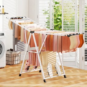 Estendal dobrável com braços ajustáveis 184 x 56 x 99–168 cm, pinças para meias e prateleira para sapatos, secador de roupa Branco