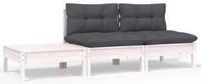 3 pcs conjunto lounge jardim c/ almofadões pinho maciço branco