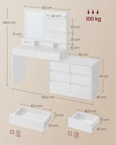 Toucador com espelho e iluminação LED 40 x 169,2 x 145,5 cm e estação carregamento Coleção Kailyn Branco