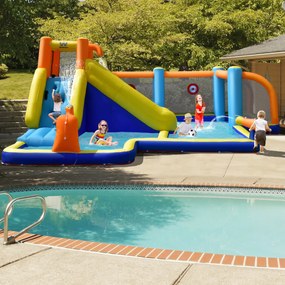 Castelo, Parque aquático insuflável com compressor 680 W infantil com tema futebol Piscina Parede para escalar 465 x 500 x 200 cm Multicolorido