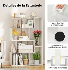 Estante em forma de S com 4 níveis, 6 compartimentos abertos e 2 dispositivos antiderrapantes para escritório ou estúdio, 80 x 30 x 119 cm, branco