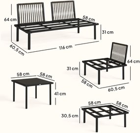 Conjunto de Jardim Exterior de 6 peças com Sofá de 2 Lugares Módulo de Canto 2 Assentos Apoio para Pés e Mesa de Vidro Cinza Claro