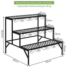 Suporte para plantas e vasos metálicas de 3 níveis Suporte para plantas decorativo para jardim interior 70 x 60 x 60,5cm Preto