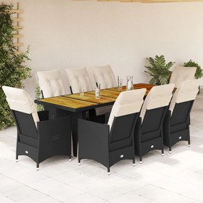 vidaXL 9 pcs conjunto de bistrô p/ jardim c/ almofadões vime PE preto