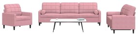 3 pcs conjunto de sofás com almofadões e rolos veludo rosa