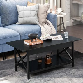 Mesa de centro retangular 110 x 60 x 48 cm industrial de 2 níveis com prateleira de armazenamento e estrutura metálica em forma de X Mesa preta