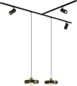 Sistema de calhas moderno preto com 2 candeeiros pendentes verdes e 3 focos monofásico - Iconic Jeana Luxe Jina