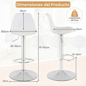 Conjunto de 2 bancos giratórios de bar com encosto ajustável em altura, estofados em couro sintético e apoio para os pés branco e prata