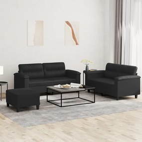 3 pcs conjunto de sofás com almofadões couro artificial preto