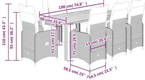 9 pcs conjunto bistrô de jardim c/ almofadões vime PE cinzento