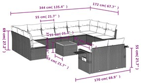 13 pcs conjunto sofás p/ jardim c/ almofadões vime PE cinzento