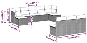 10 pcs conj. sofás jardim com almofadões vime PE cinzento-claro