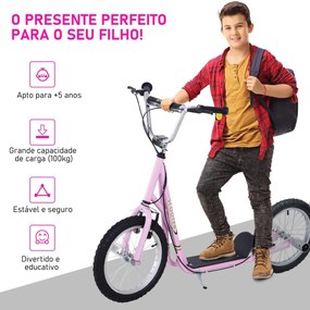 Trotinete para Crianças acima de 5 anos Scooter de 2 Rodas Grandes Insufláveis de 16 Polegadas com Freios e Guidão Ajustável em Altura 143x58x92-100cm