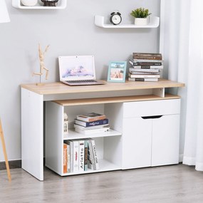Secretária multimédia modular com vários compartimentos abertos, duplo nicho + gaveta e armário em madeira
