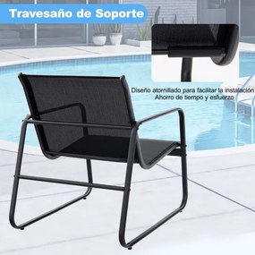 Conjunto Jardim 3 peças com mesa e 2 cadeiras de metal para exterior com tecido respirável e tampo de mesa em vidro preto