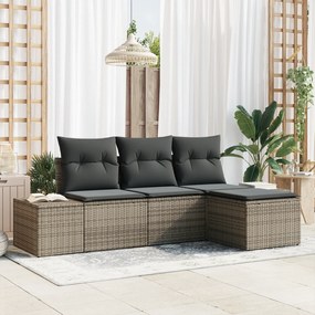 Conjunto de Sofá de Jardim de 4 Peças com Almofadas Cinza de Rattan