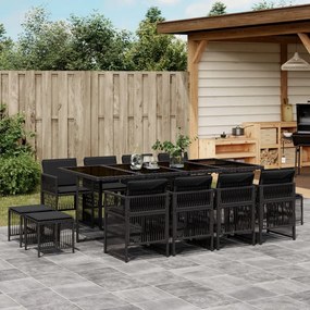 13 pcs conjunto de jantar p/jardim com almofadões vime PE preto