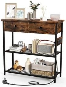 Mesa Consola 81 x 30 x 81 cm Hall de Entrada com Estação de Carregamento e Tomadas USB com Gavetas Prateleiras  para Sofá  Castanho