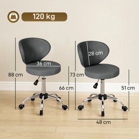 Banco com rodas, banco de massagem em PU com altura ajustável entre 73 e 88 cm e encosto, giratório a 360°, cinzento