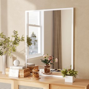 Espelho de Parede Decorativo 70x90 cm Espelho Retangular Espelho de Sala com 4 Ganchos Metálicos Estilo Moderno Branco