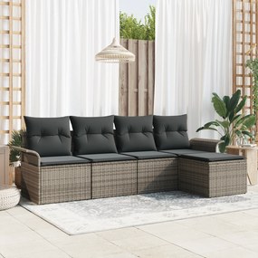 Conjunto de Sofá de Jardim de 5 Peças com Almofadas Cinza em Rattan Po