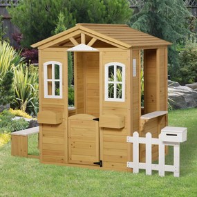 Outsunny Casa para crianças a cima de 3 anos casa para brincar de madeira com caixa de correio banco 210x107x140 cm para exterior interior cor madeira natural