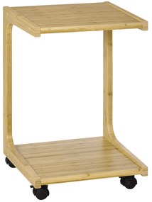 Mesa Auxiliar com Rodas Mesa Lateral de Bambú em Forma de C para Sofá Cama com Prateleira Inferior e Freios para Dormitório Sala de Estar 39x35,5,59cm