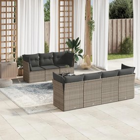 8 pcs conjunto sofás de jardim c/ almofadões vime PE cinzento
