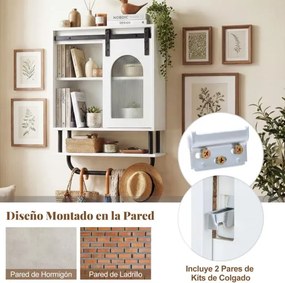 Armário de parede casa de banho 50 x 20 x 70 cm com 3 níveis, porta de correr em vidro e barra metálica Branco