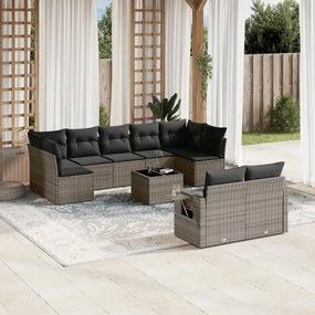 10 pcs conjunto sofás de jardim c/ almofadões vime PE cinzento