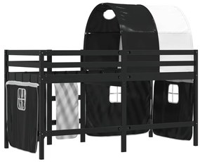 Cama alta criança c/ túnel 90x200 cm pinho maciço branco/preto